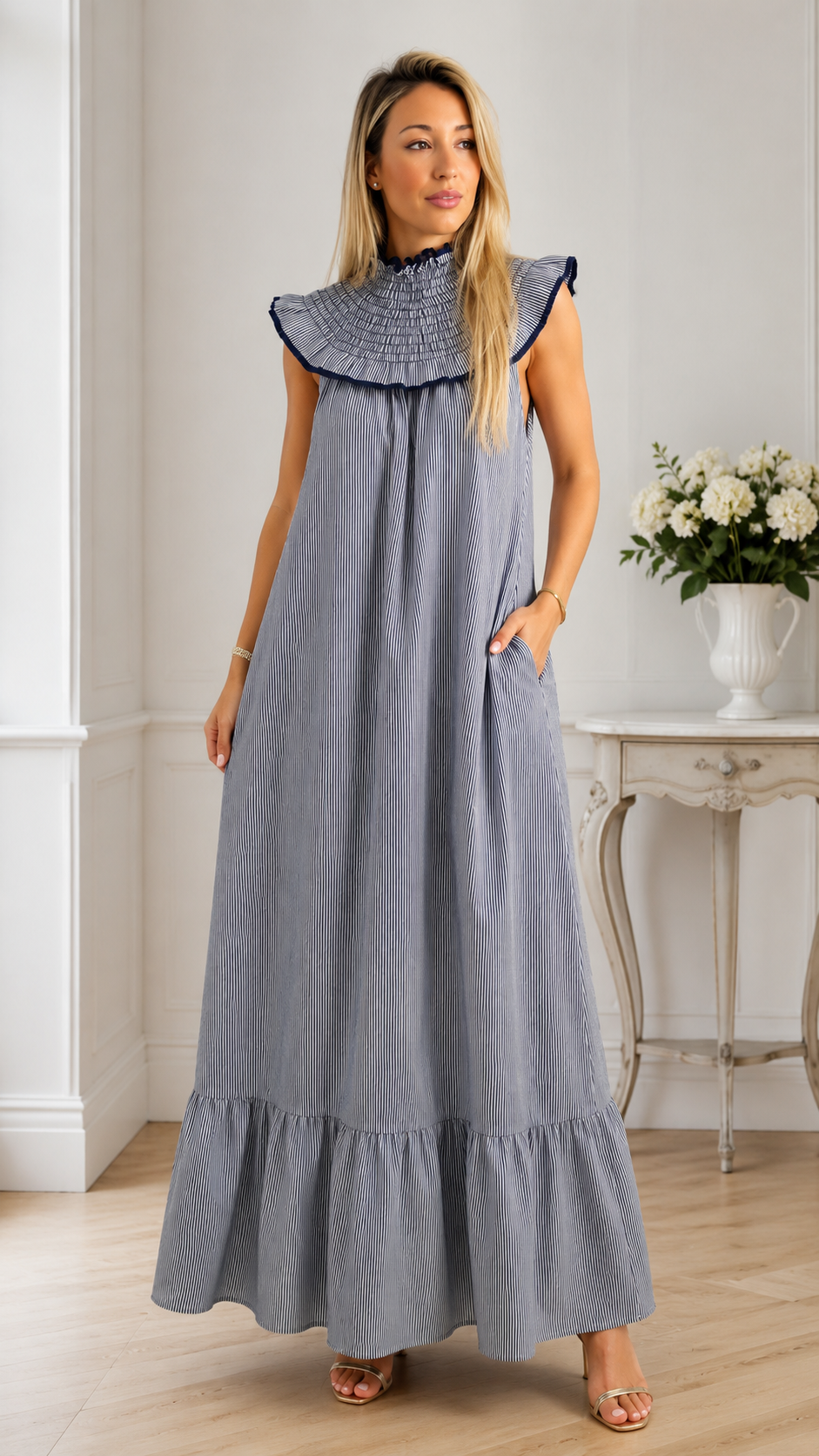 Ruffle Collar Striped Maxi Dress