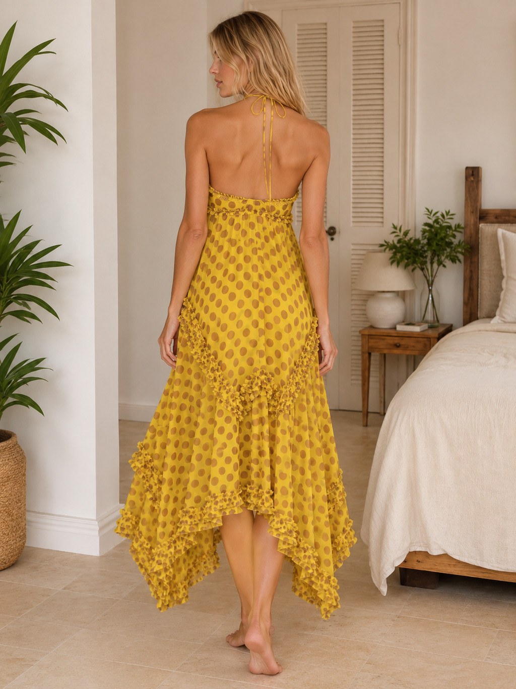 polka dot ruffle halter high-low maxi dress