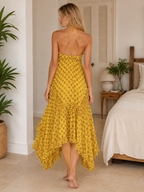 polka dot ruffle halter high-low maxi dress