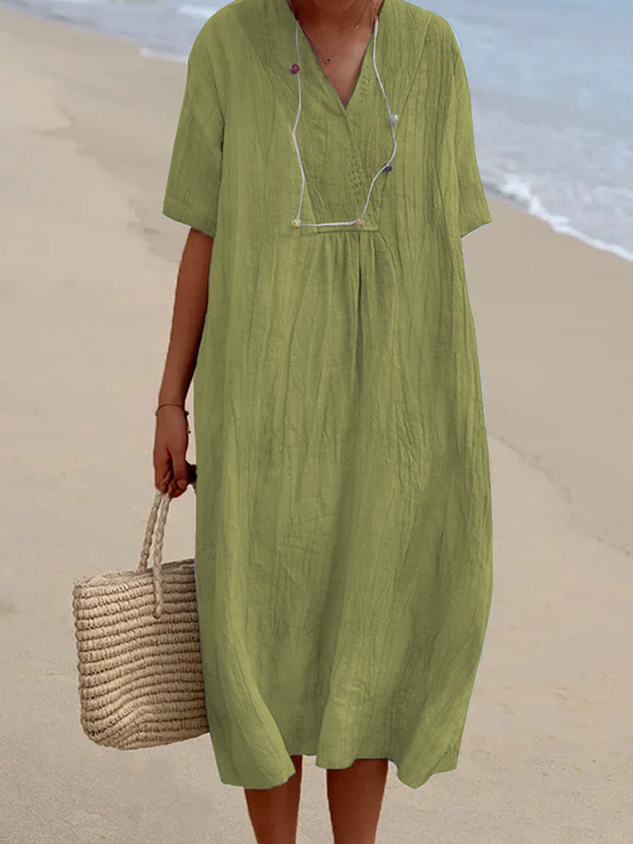 Women Summer Vacation V Neck Loose Plain Cotton And Linen Short sleeve Dress