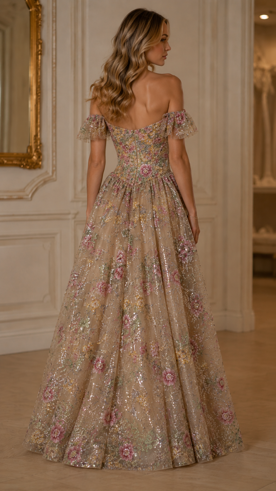 Floral Sequin Off Shoulder Ball Gown