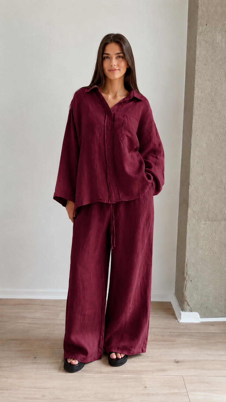 Women's Linen Blend Relaxed Shirt & Wide Leg Pants Set