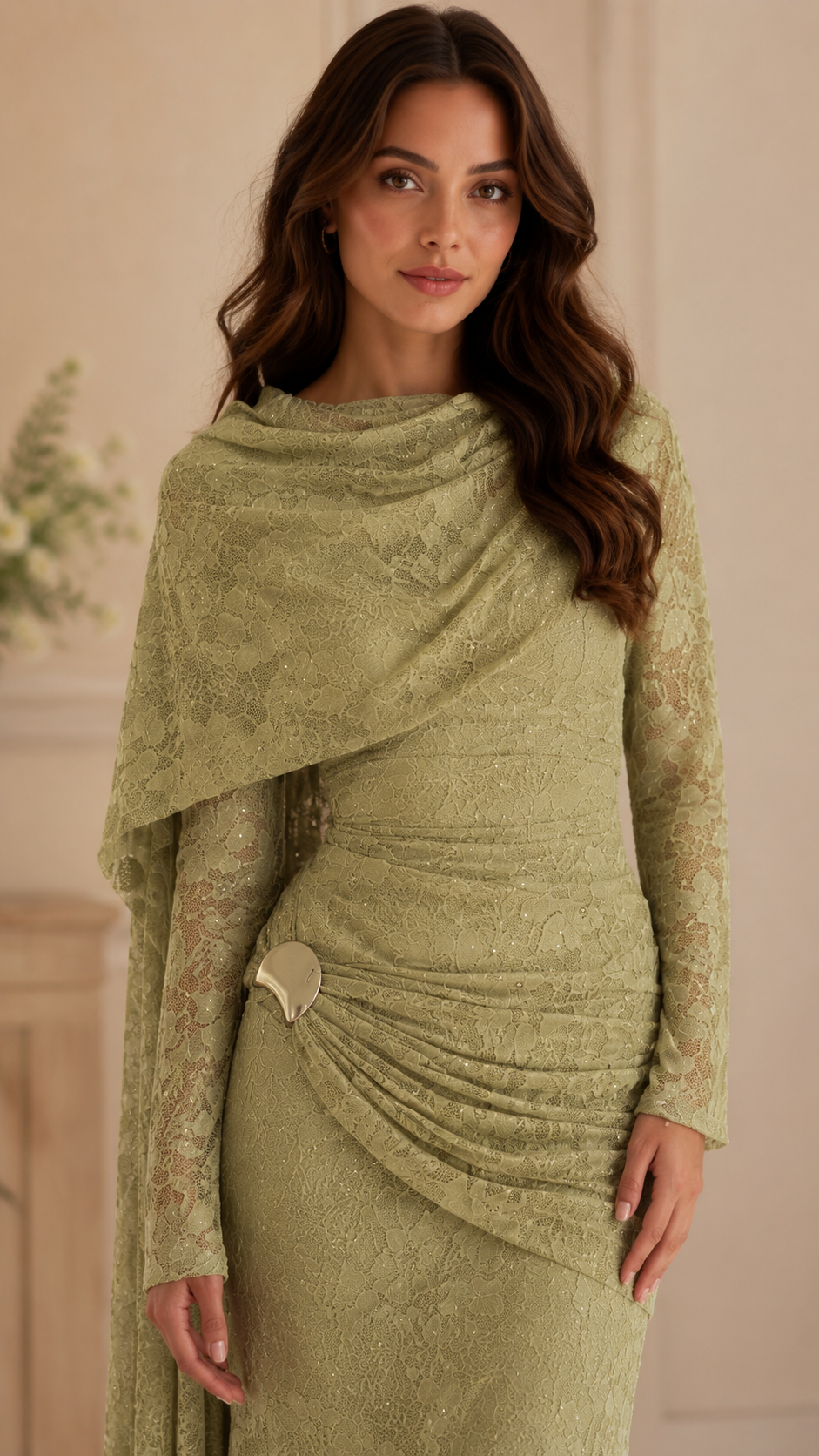 Women's Elegant Lace Draped Cape Maxi Dress