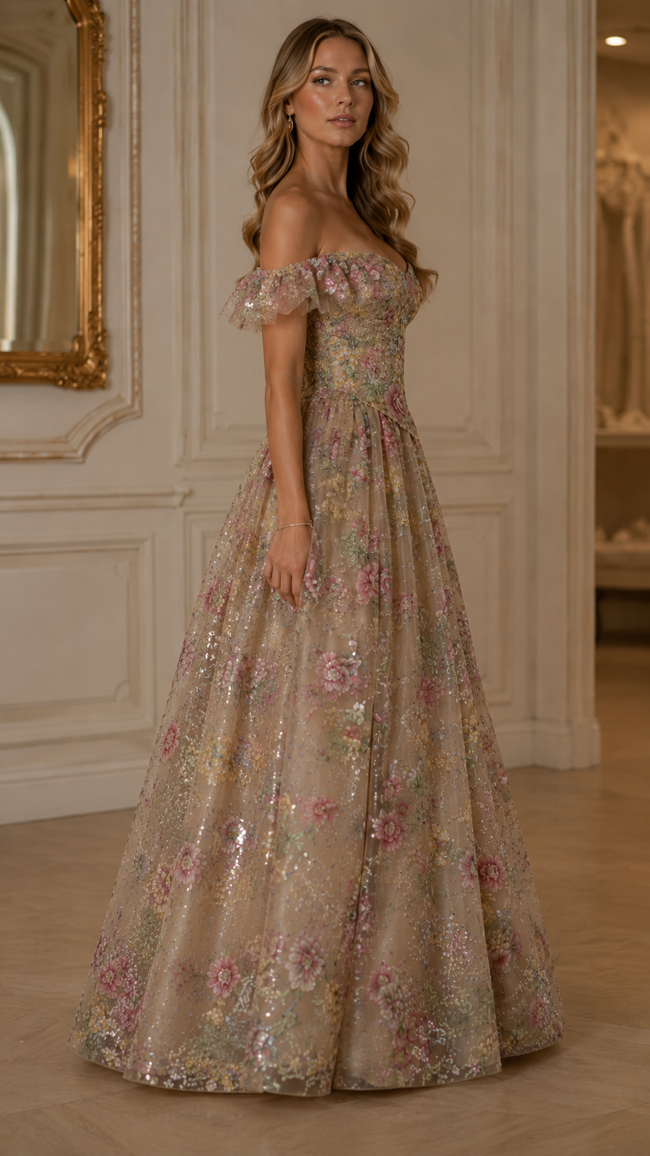 Floral Sequin Off Shoulder Ball Gown