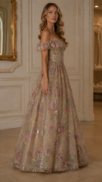 Floral Sequin Off Shoulder Ball Gown