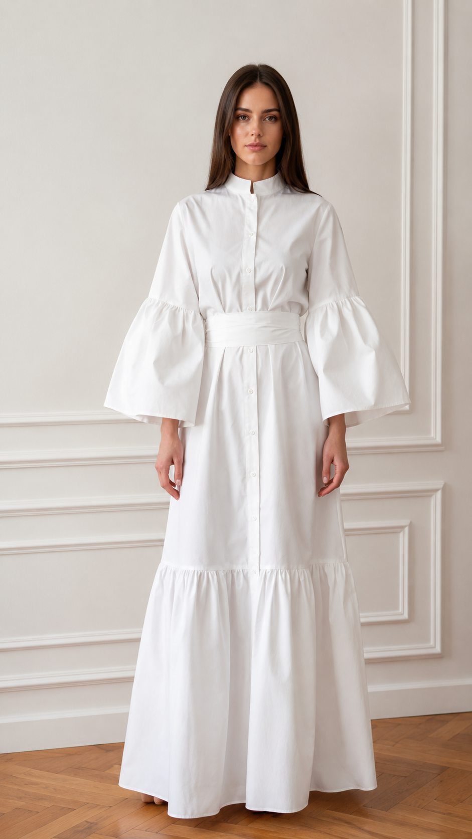 Women's Elegant Mandarin Collar Bell Sleeve Maxi Dress