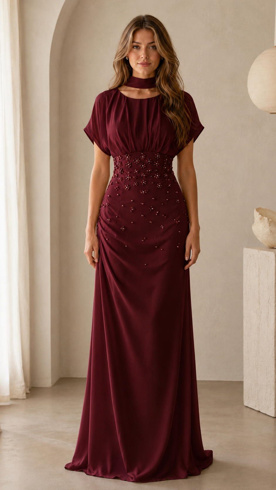 Women's Elegant Beaded Maxi Dress with High Neck & Draped Waist
