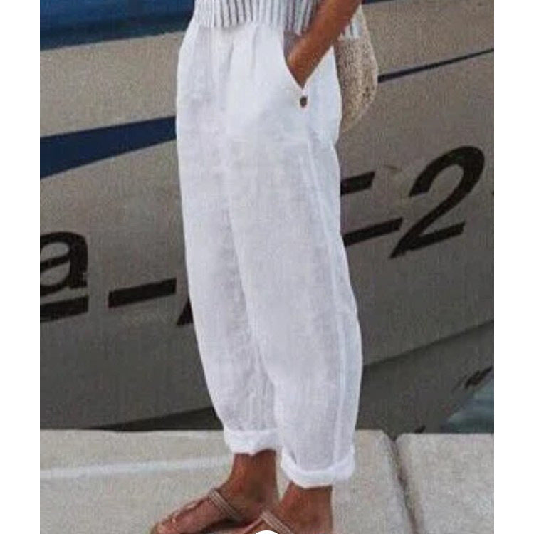 Cotton Linen Straight Pocket Casual Pants