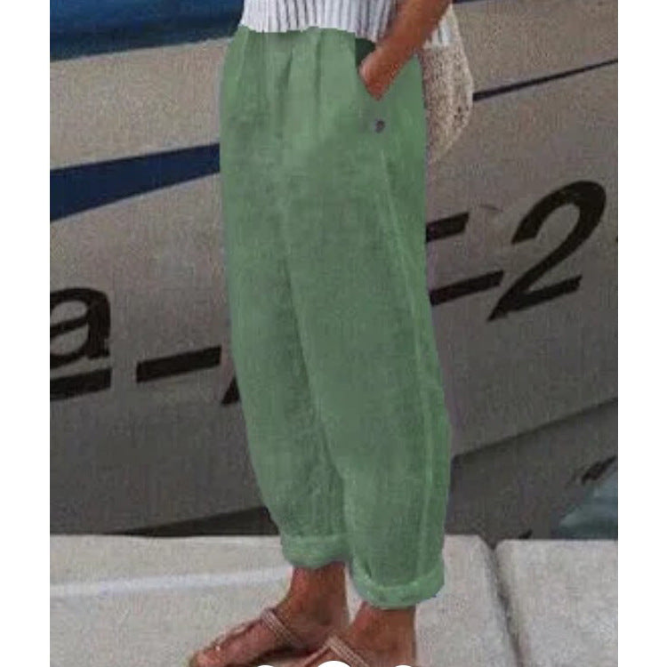 Cotton Linen Straight Pocket Casual Pants
