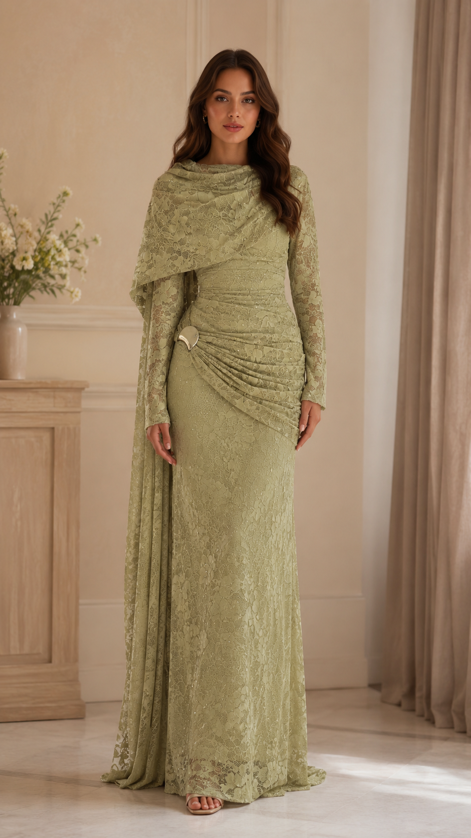 Women's Elegant Lace Draped Cape Maxi Dress