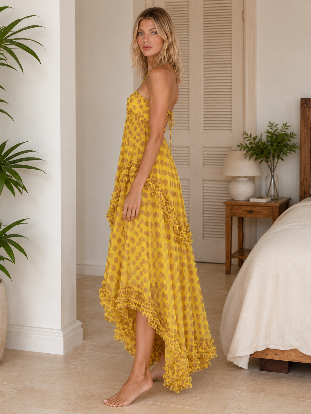 polka dot ruffle halter high-low maxi dress