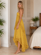 polka dot ruffle halter high-low maxi dress