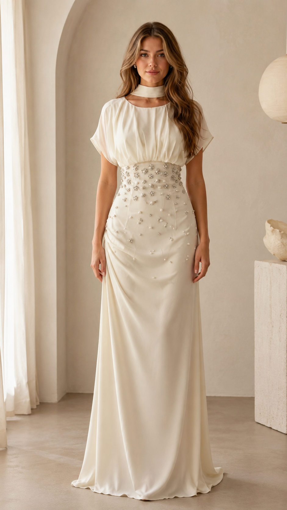 Women's Elegant Beaded Maxi Dress with High Neck & Draped Waist