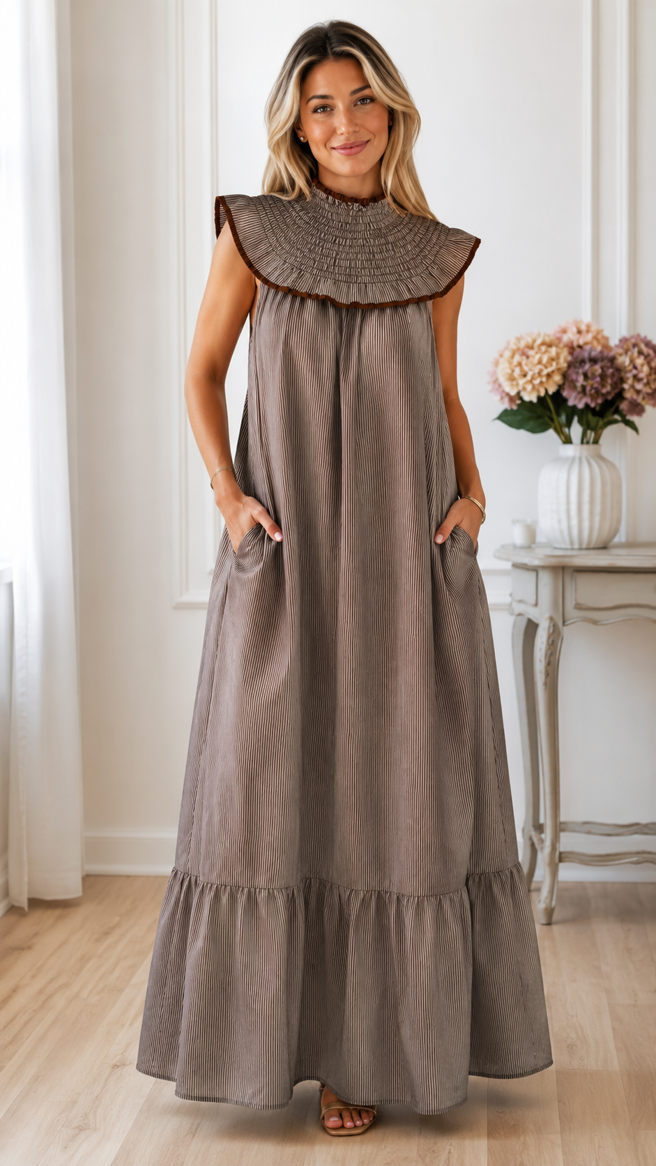 Ruffle Collar Striped Maxi Dress