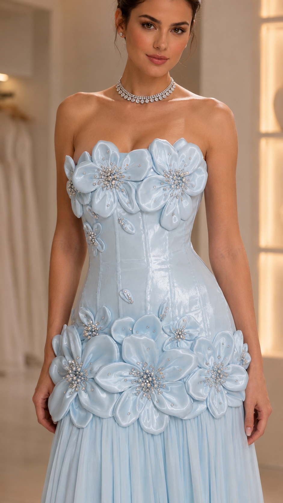 strapless 3D floral appliqué evening gown