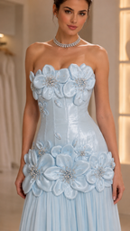 strapless 3D floral appliqué evening gown