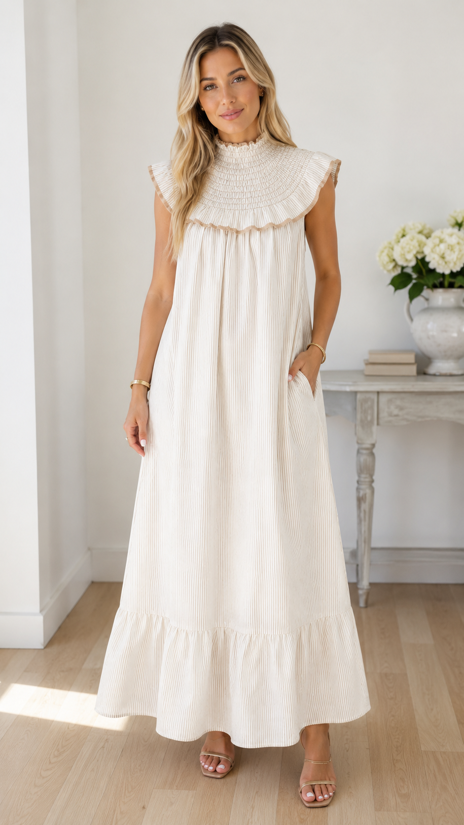Ruffle Collar Striped Maxi Dress