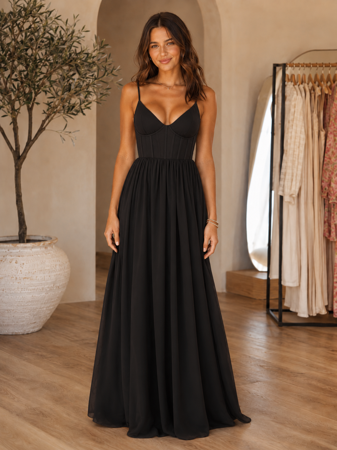 corset-inspired chiffon maxi dress