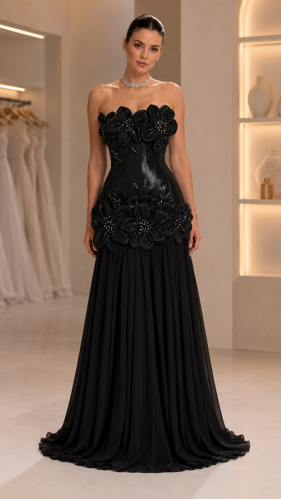strapless 3D floral appliqué evening gown