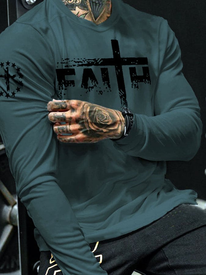 Men's Faith Cross Casual Printed Long Sleeve T-Shirt