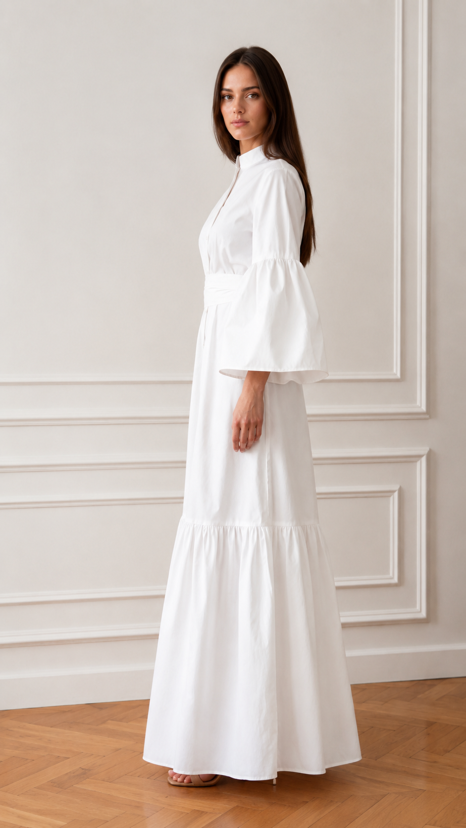 Women's Elegant Mandarin Collar Bell Sleeve Maxi Dress
