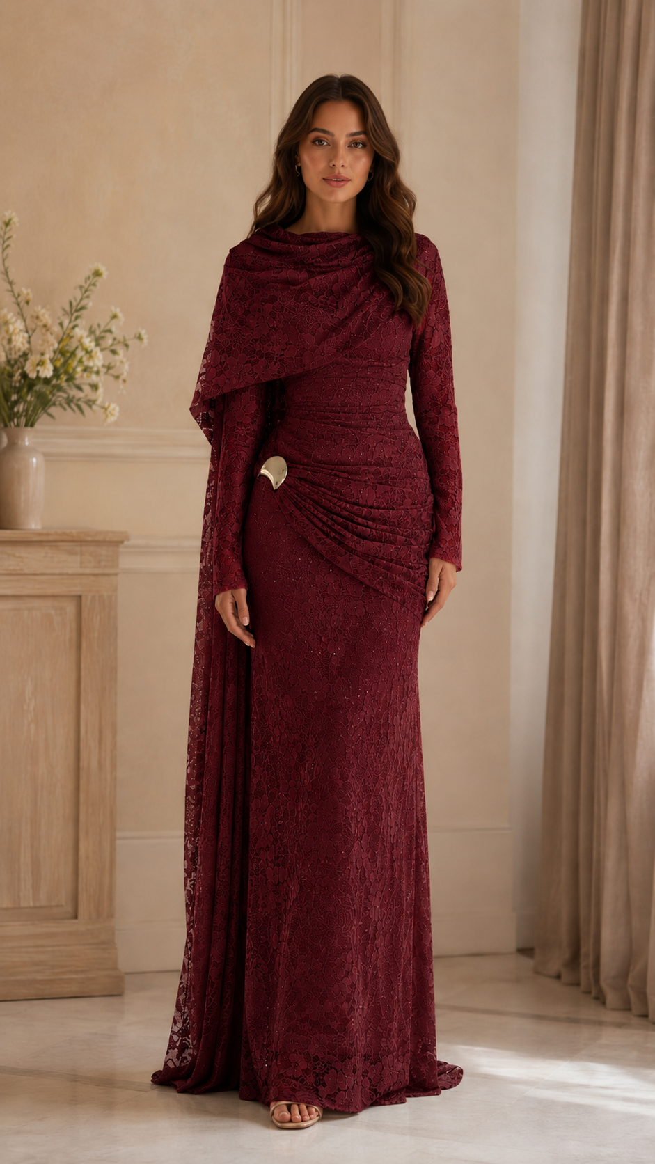 Women's Elegant Lace Draped Cape Maxi Dress