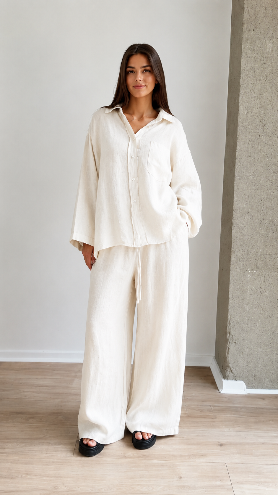 Women's Linen Blend Relaxed Shirt & Wide Leg Pants Set