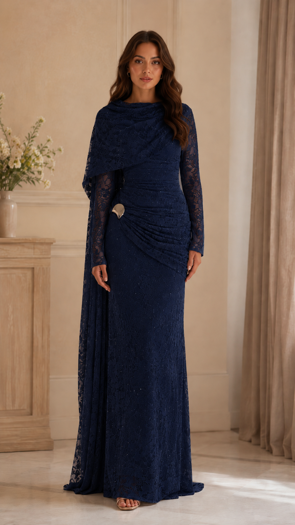 Women's Elegant Lace Draped Cape Maxi Dress