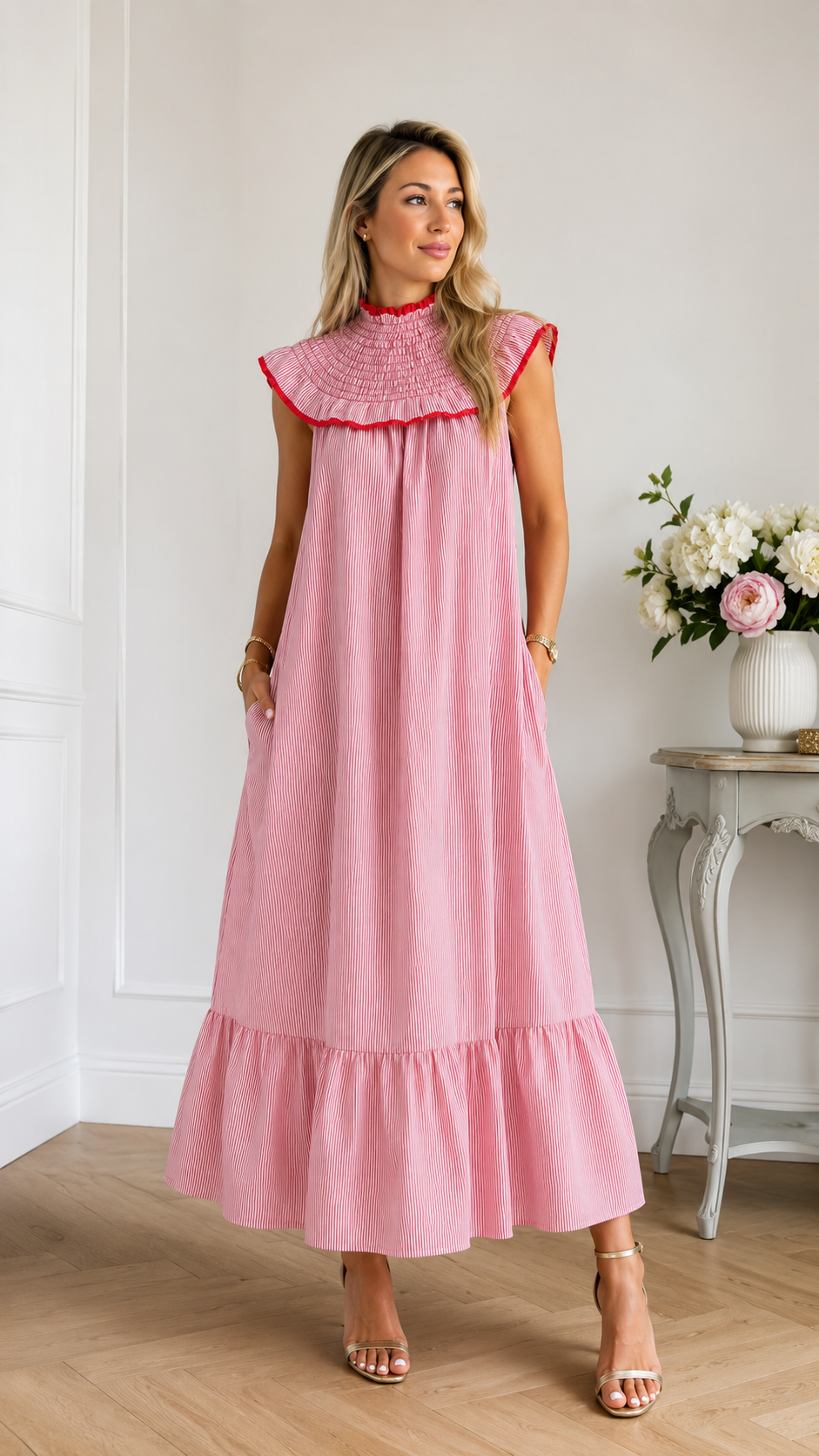 Ruffle Collar Striped Maxi Dress