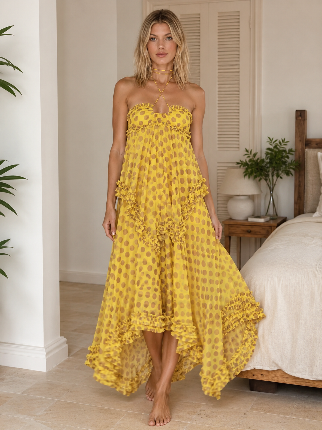 polka dot ruffle halter high-low maxi dress