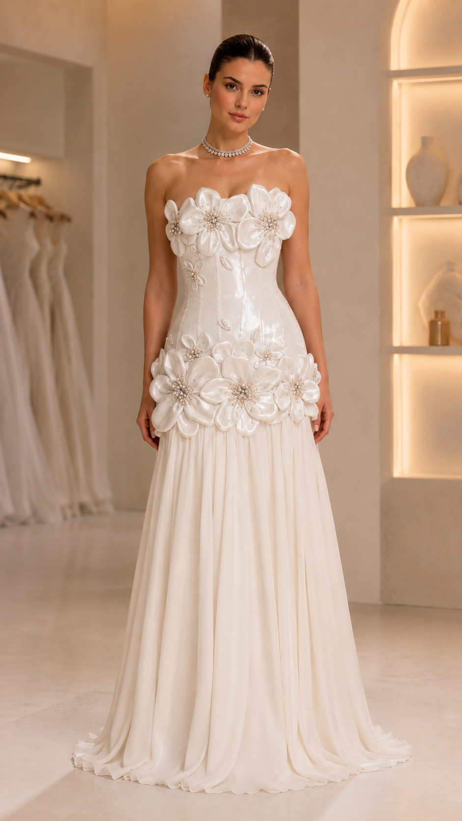 strapless 3D floral appliqué evening gown