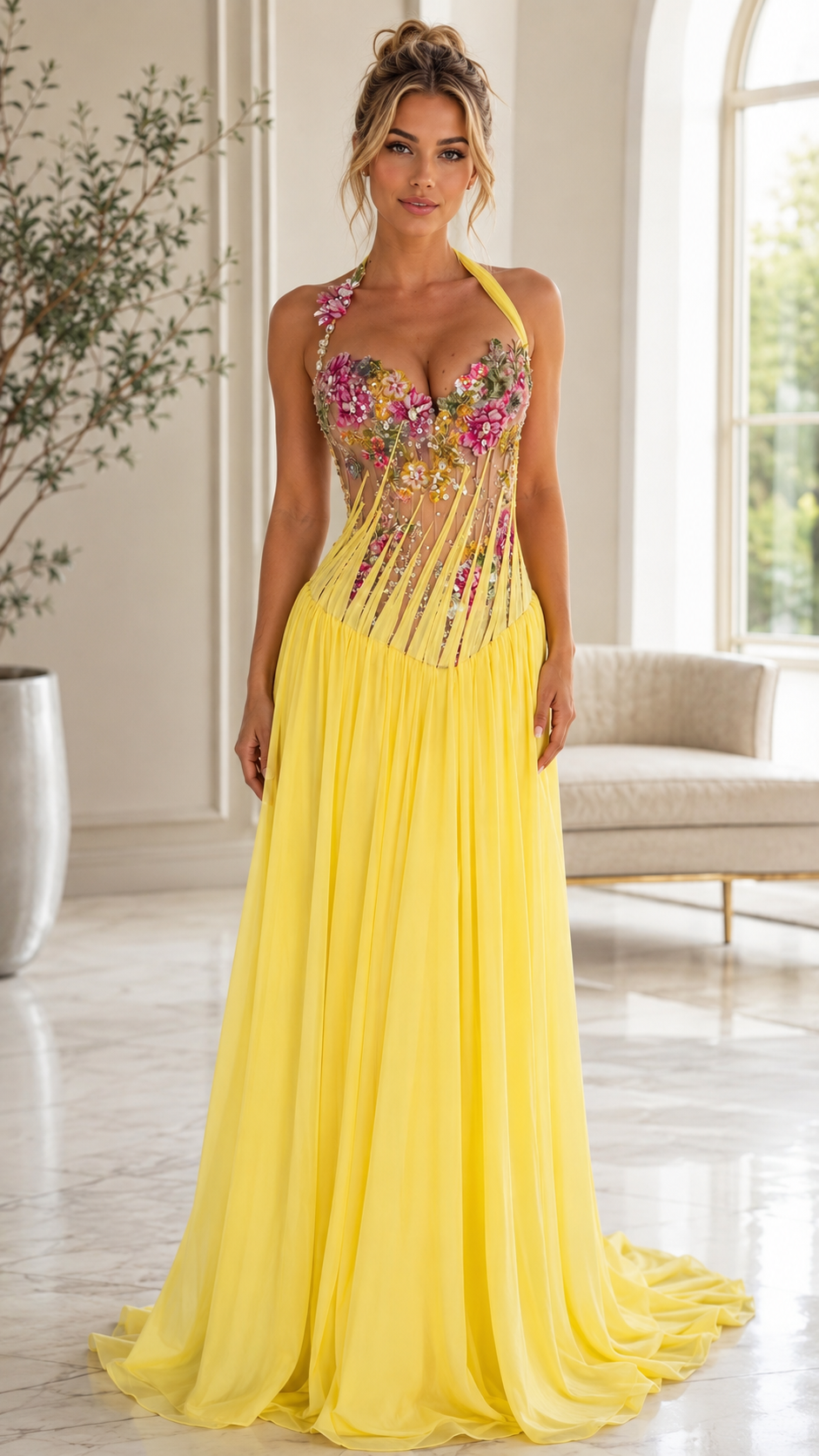 Floral Embellished Halter Neck Pleated Evening Gown