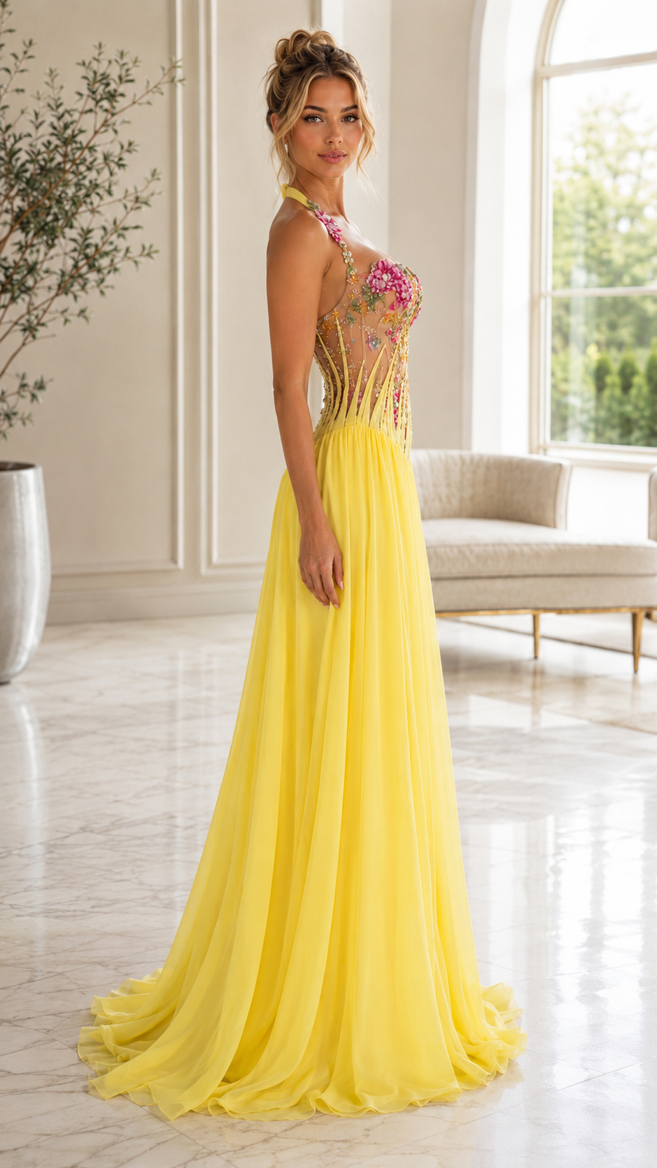 Floral Embellished Halter Neck Pleated Evening Gown