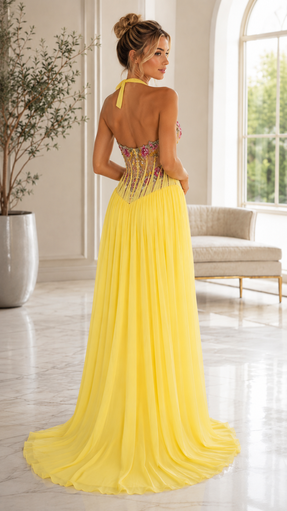 Floral Embellished Halter Neck Pleated Evening Gown