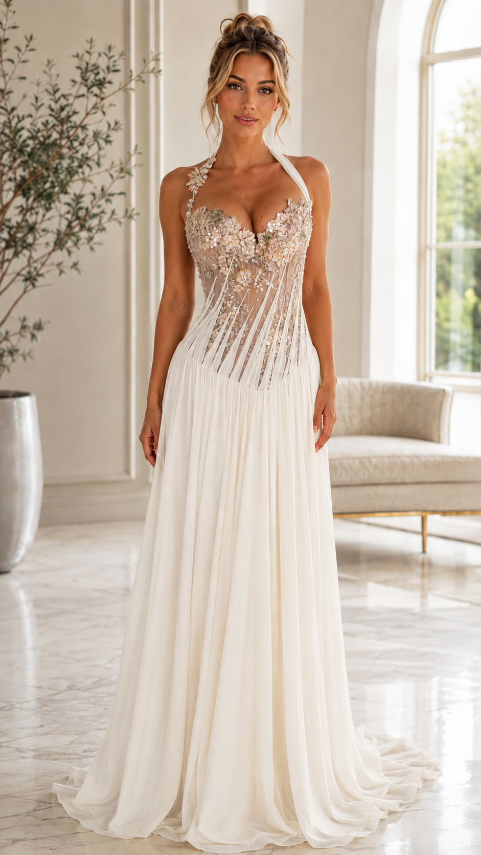Floral Embellished Halter Neck Pleated Evening Gown