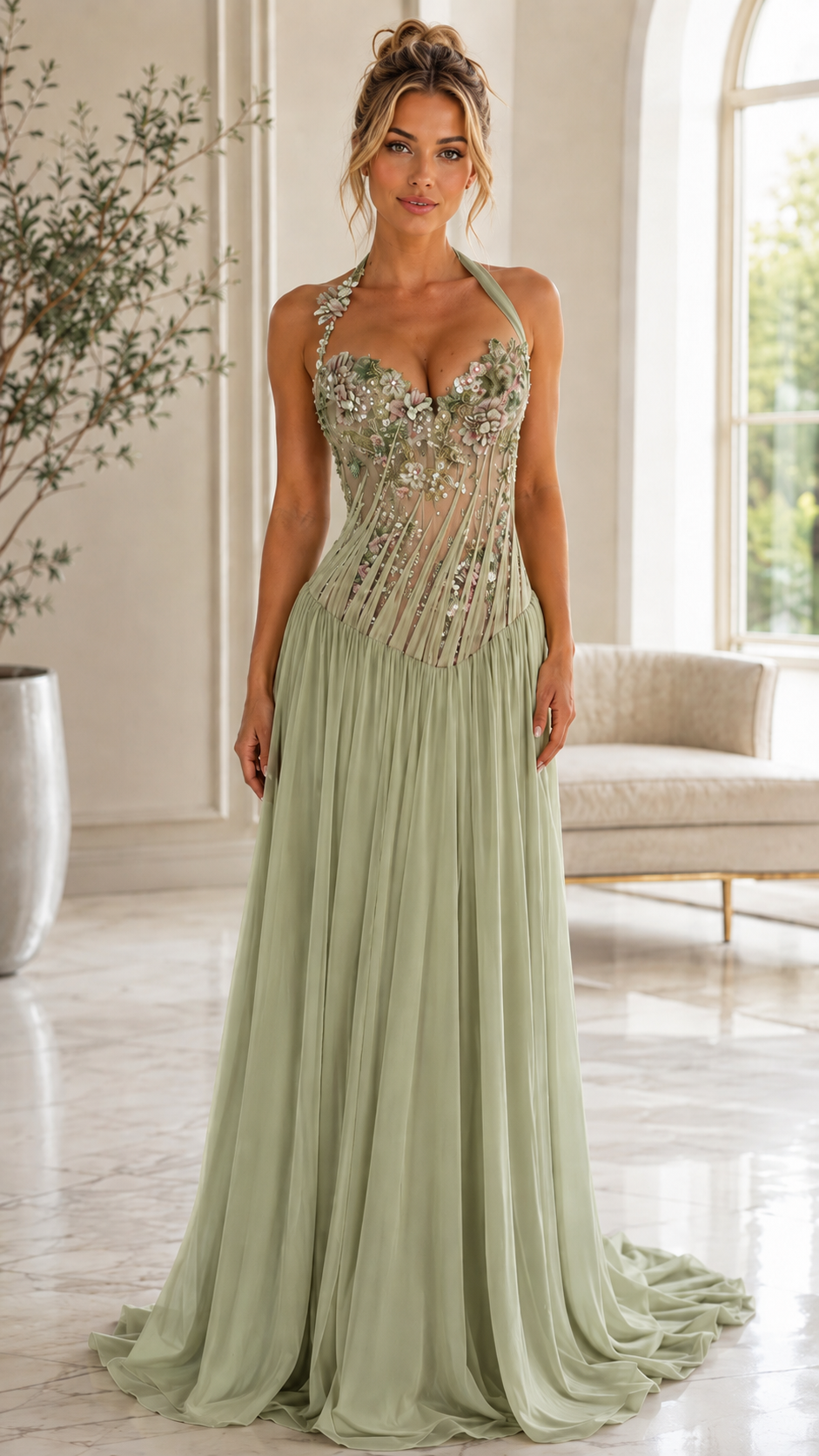Floral Embellished Halter Neck Pleated Evening Gown
