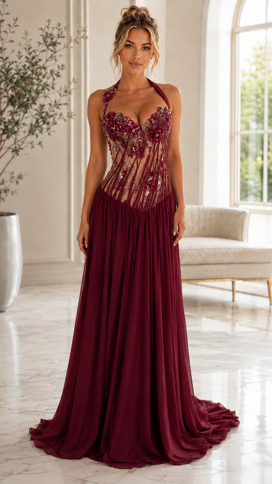 Floral Embellished Halter Neck Pleated Evening Gown