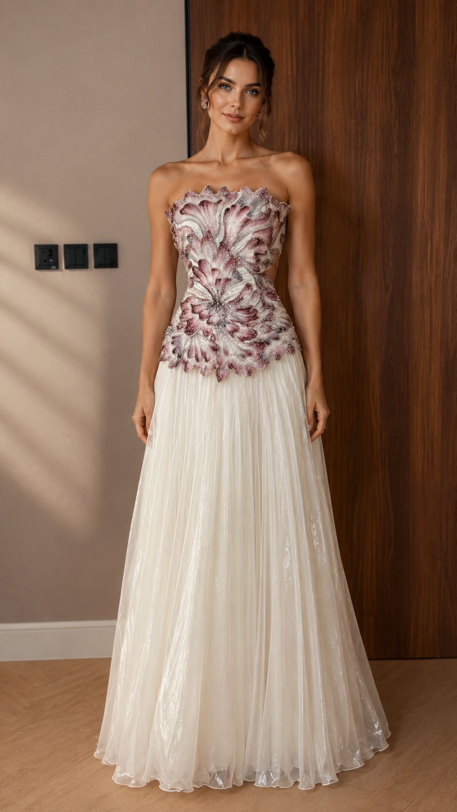 Floral Embellished Strapless A-Line Evening Gown