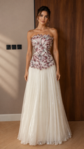 Floral Embellished Strapless A-Line Evening Gown