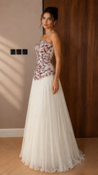 Floral Embellished Strapless A-Line Evening Gown
