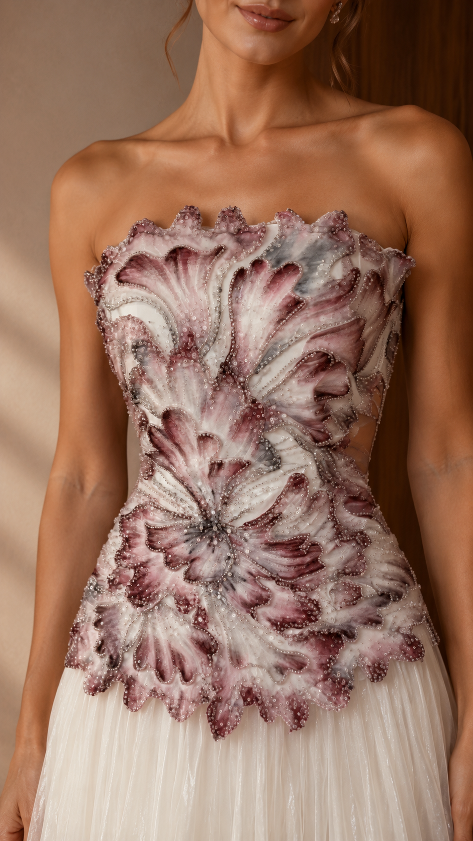 Floral Embellished Strapless A-Line Evening Gown