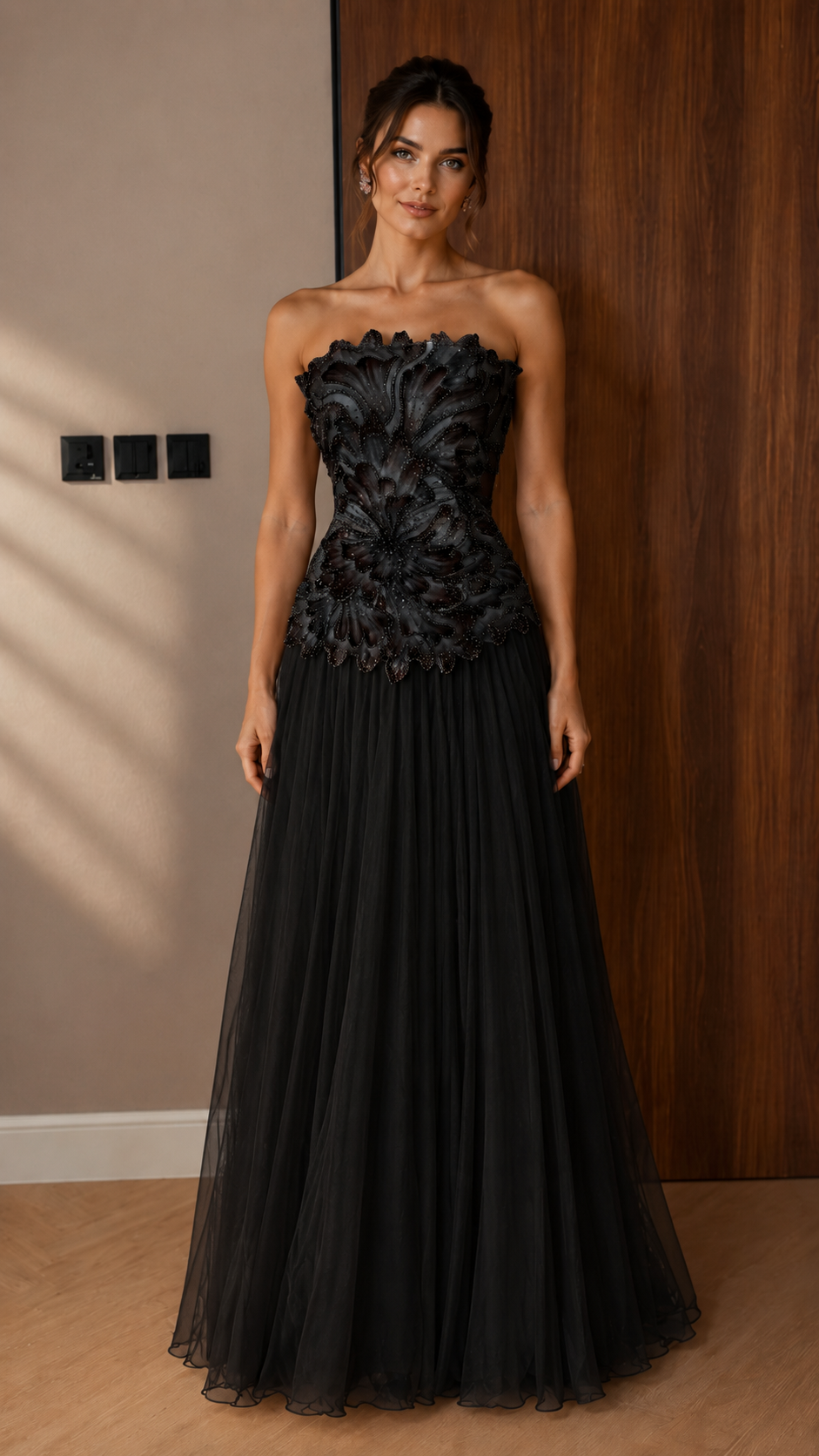 Floral Embellished Strapless A-Line Evening Gown