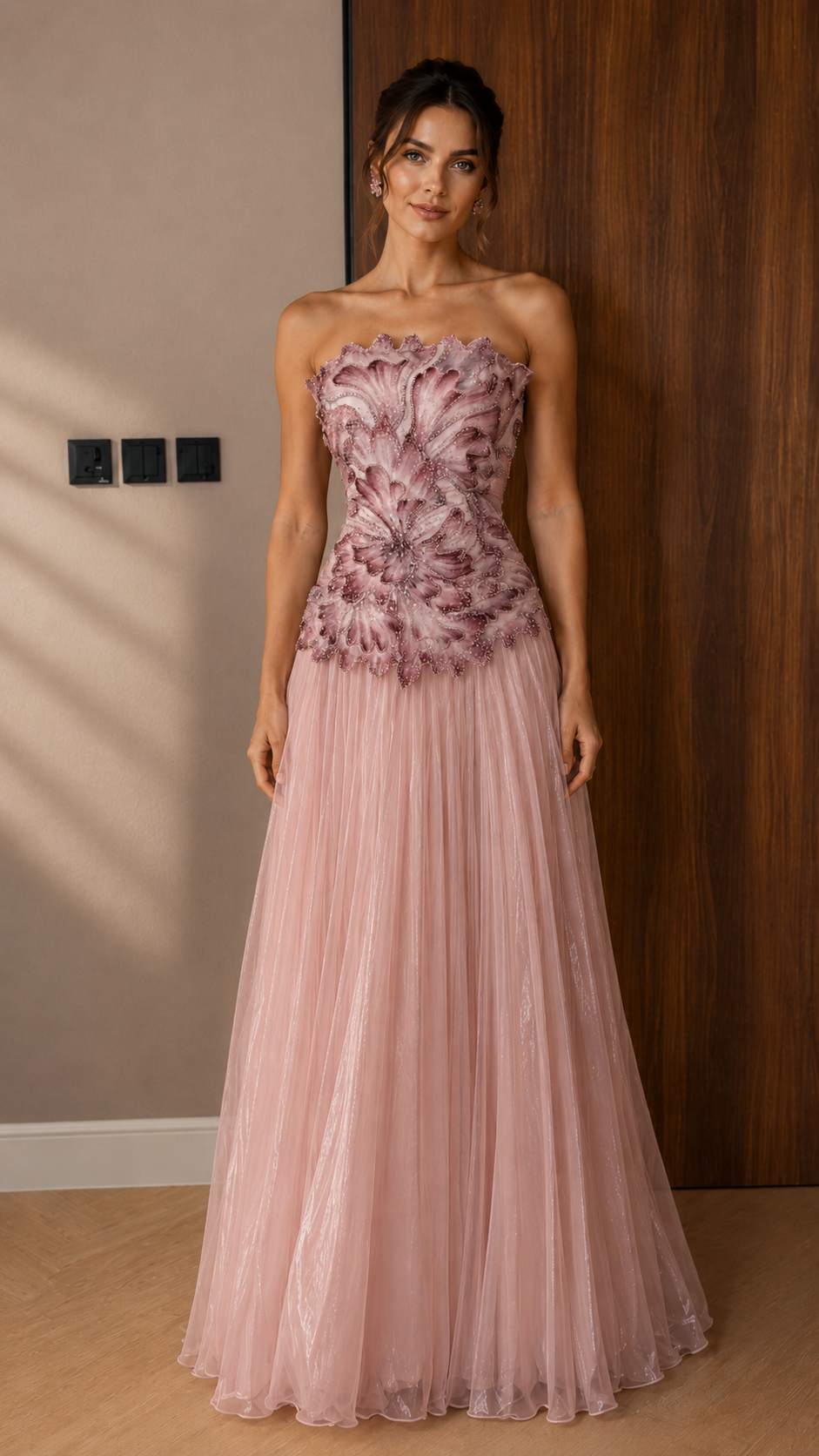 Floral Embellished Strapless A-Line Evening Gown