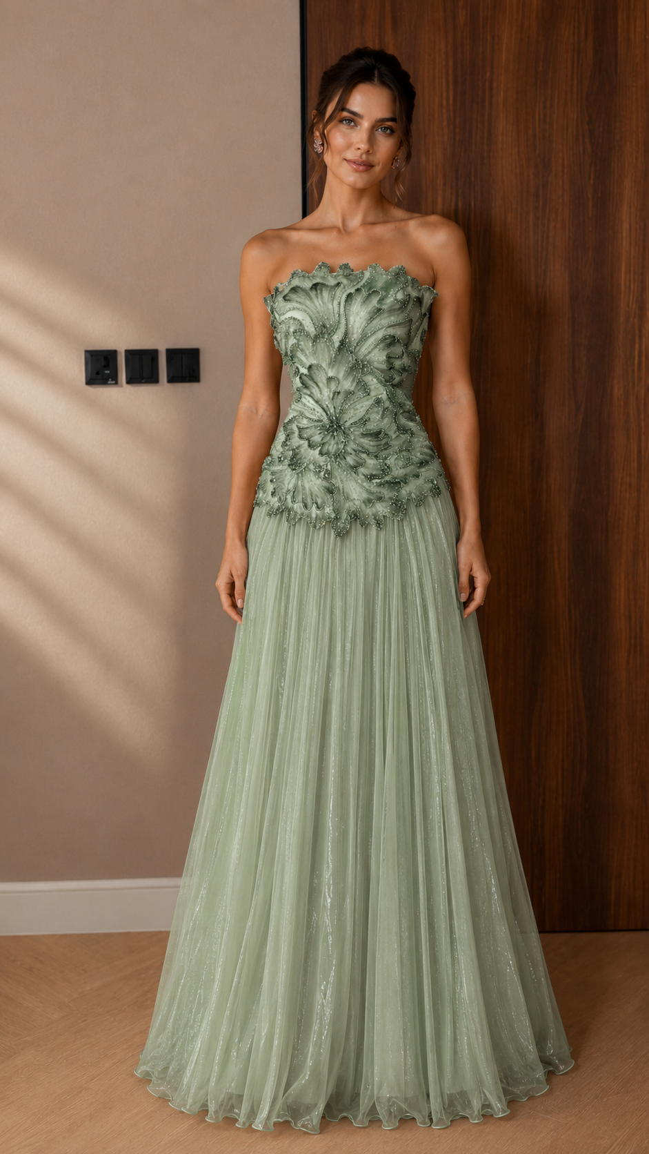 Floral Embellished Strapless A-Line Evening Gown