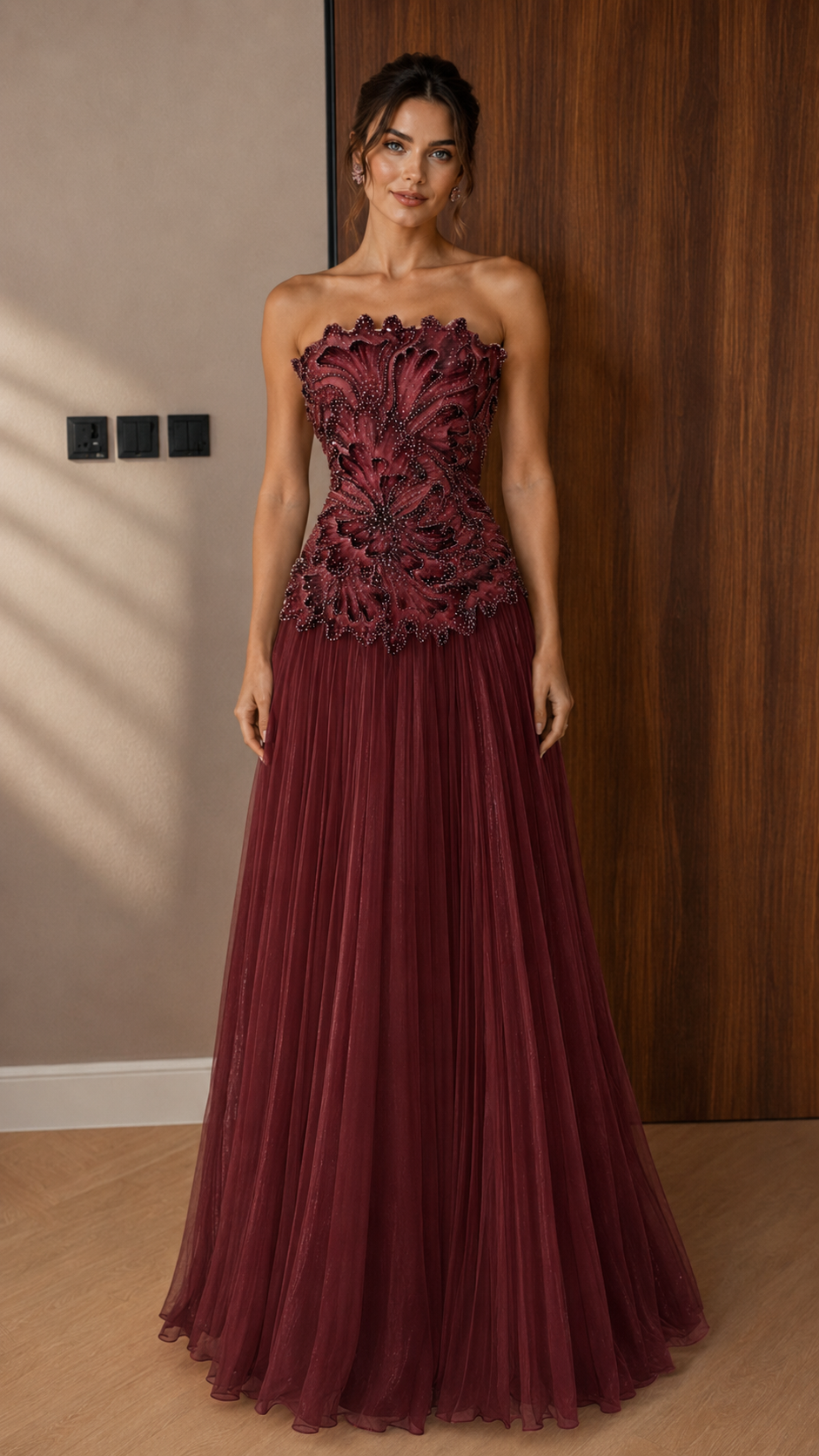 Floral Embellished Strapless A-Line Evening Gown