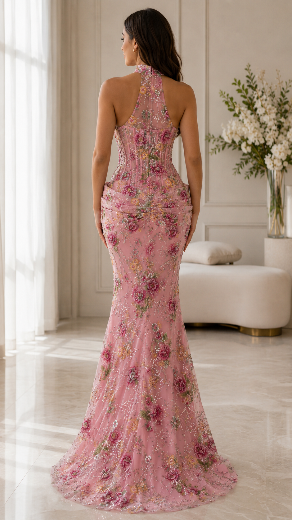 Floral Embroidered Halter Neck Mermaid Evening Gown