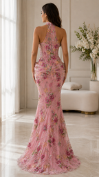 Floral Embroidered Halter Neck Mermaid Evening Gown