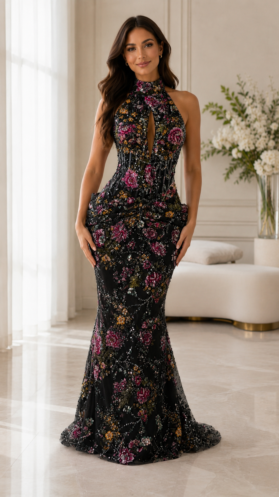 Floral Embroidered Halter Neck Mermaid Evening Gown