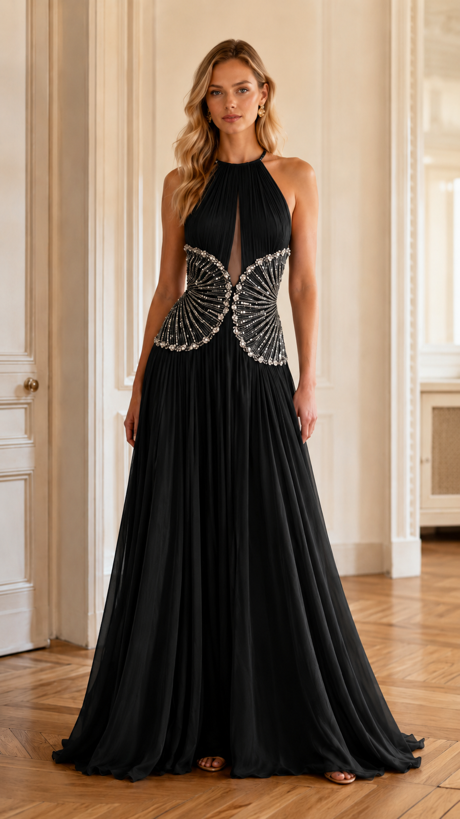 Embellished Halter Neck Evening Maxi Dress