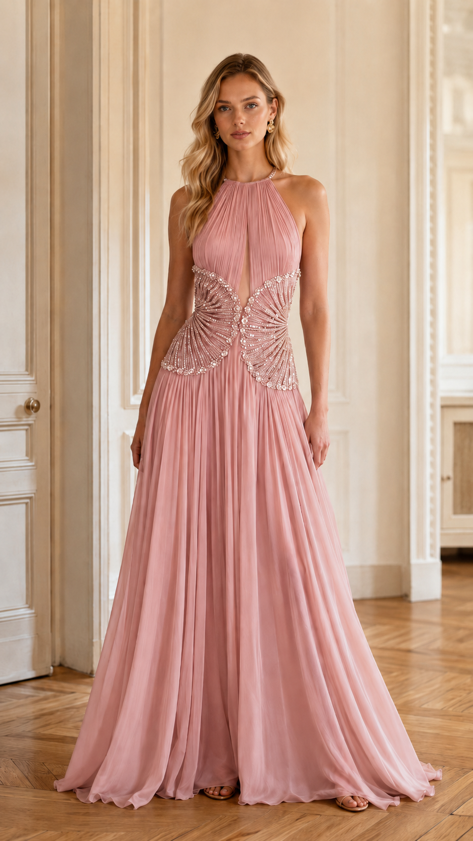 Embellished Halter Neck Evening Maxi Dress